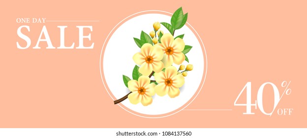 One day sale forty percent off banner design with yellow blooming twig in round frame on beige background. Typed text can be used for labels, flyers, signs, posters.
