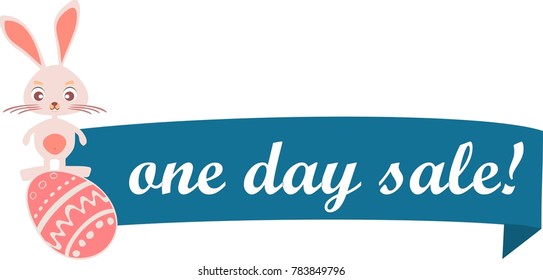 one day sale label, easter icon, rabbit sign, egg symbol, flat, vector