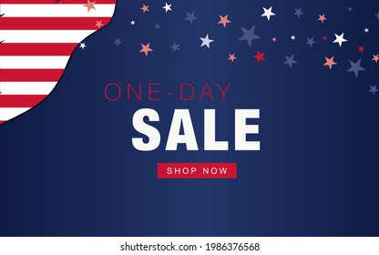 One day sale online shop main page design with navy gradient background, American flag inspired graphic elements, stripes, stars, large sign and Shop now red button.