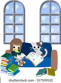 One day of a white winter, A woman is reading many books with a cat.