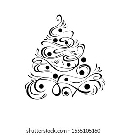 one decorative Christmas tree with Christmas balls in black lines on a white background