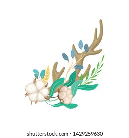 One deer horn with leaves. Vector illustration on white background.