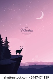 Un ciervo está parado en una roca. Vista de los picos de montaña. Tarde crepúsculo, atardecer, cielo estrellado y luna. La naturaleza salvaje. Ilustración vectorial.