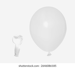 One deflated white balloon and one inflated white balloon close-up. Mockup