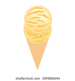 One delicious vanilla scoop ice cream cone icon vector. Two scoops of vanilla ice cream icon isolated on a white background. Yellow ice cream cone vector