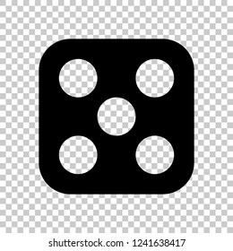 One dice with number five on visible side. Icon of casino games. Black symbol on transparent background