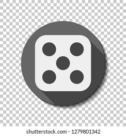 One dice with number five on visible side. Icon of casino games. flat icon, long shadow, circle, transparent grid. Badge or sticker style