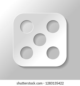 One dice with number five on visible side. Icon of casino games. Paper style with shadow on gray background