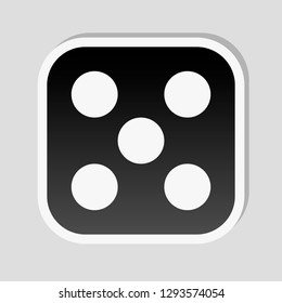One dice with number five on visible side. Icon of casino games. Sticker style with white border and simple shadow on gray background