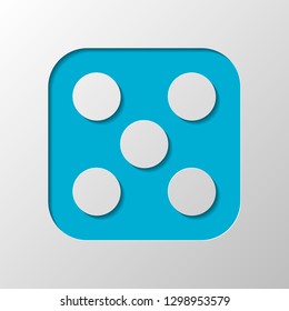 One dice with number five on visible side. Icon of casino games. Paper design. Cutted symbol with shadow