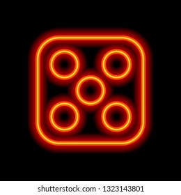 One dice with number five on visible side. Icon of casino games. Orange neon style on black background. Light icon