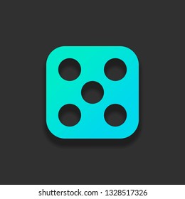 One dice with number five on visible side. Icon of casino games. Colorful logo concept with soft shadow on dark background. Icon color of azure ocean