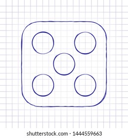 One dice with number five on visible side. Icon of casino games. Hand drawn picture on paper sheet. Blue ink, outline sketch style. Doodle on checkered background
