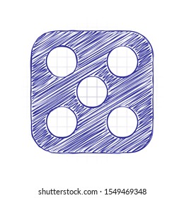 One dice with number five on visible side. Icon of casino games. Hand drawn sketched picture with scribble fill. Blue ink. Doodle on white background