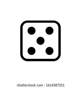 One dice with number five on visible side. Icon of casino games. Black icon on white background. Vector illustration. EPS10.