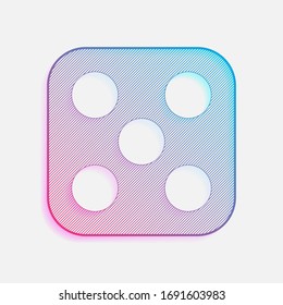 One dice with number five on visible side. Icon of casino games. Colored logo with diagonal lines and blue-red gradient. Neon graphic, light effect