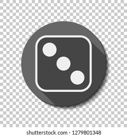One dice with number three on visible side. Icon of casino games. flat icon, long shadow, circle, transparent grid. Badge or sticker style