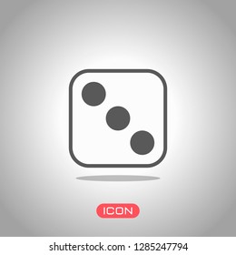 One dice with number three on visible side. Icon of casino games. Icon under spotlight. Gray background