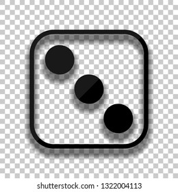 One dice with number three on visible side. Icon of casino games. Black glass icon with soft shadow on transparent background