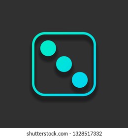 One dice with number three on visible side. Icon of casino games. Colorful logo concept with soft shadow on dark background. Icon color of azure ocean