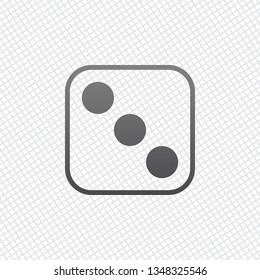 One dice with number three on visible side. Icon of casino games. On grid background