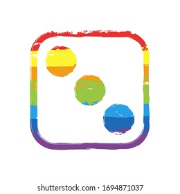 One dice with number three on visible side. Icon of casino games. Drawing sign with LGBT style, seven colors of rainbow (red, orange, yellow, green, blue, indigo, violet