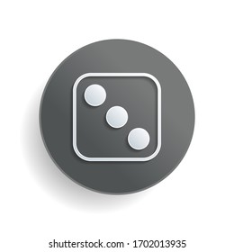 One dice with number three on visible side. Icon of casino games. White paper symbol on gray round button or badge with shadow