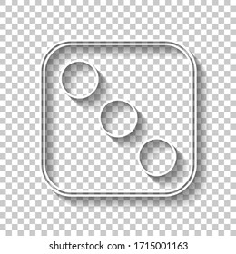 One dice with number three on visible side. Icon of casino games. White outline sign with shadow on transparent background