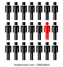One different red rounded man among another square people