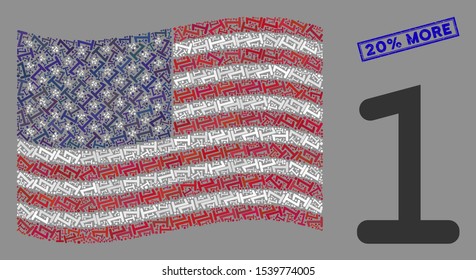 One digit icons are arranged into USA flag mosaic with blue rectangle rubber stamp seal of 20% More phrase. Vector collage of USA waving state flag is made of one digit icons.