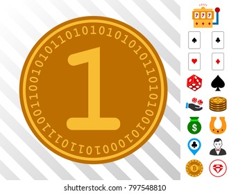 One Digital Coin icon with bonus casino pictures. Vector illustration style is flat iconic symbols. Designed for gamble apps.