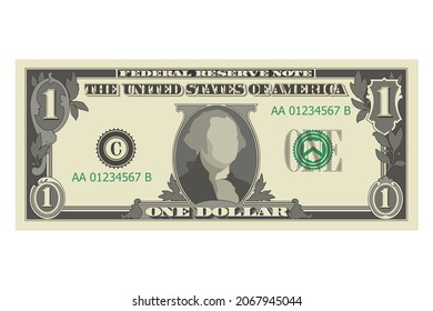 One dollar bill, 1 US dollar banknote, from front side, obverse. Simplified vector illustration of USD isolated on a white background