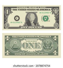 One dollar bill, 1 US dollar banknote, from obverse and reverse. Simplified vector illustration of USD isolated on a white background