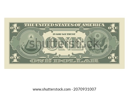 One dollar bill, 1 US dollar banknote, from back side, reverse. Simplified vector illustration of USD isolated on a white background