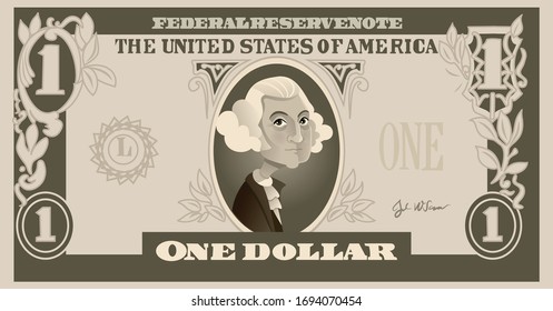 One Dollar Bill with George Washington Vector Cartoon. USD banknote funny art illustration graphic
