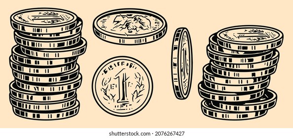 Concepto de monedas de un dólar en ilustración vectorial aislada de estilo monocromo vintage