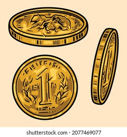 One Dollar Cent Gold Coins With Abraham Lincoln Profile In Vintage Style Isolated Vector Illustration