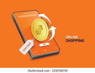 One dollar coin with a cash back promotion white tag and an arrow circled around the coin,vector 3d isolated on orange background for online shopping cash back promotion concept design