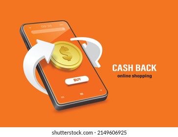 One dollar coin is on the smartphone screen and a white arrow revolves around it for making advertising media promotions cash back,vector 3d isolated on orange background for online shopping concept