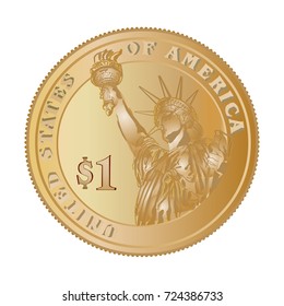 One dollar coin with the Statue of liberty isolated vector illustration