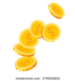 Las monedas de un dólar caen, vuelan. Efectivo, moneda, dinero. Ganancia financiera, ganadora, premio de lotería, ahorro, salario, deuda, impuestos, ganancias. Ilustración de monedas vectoriales aisladas en fondo blanco.