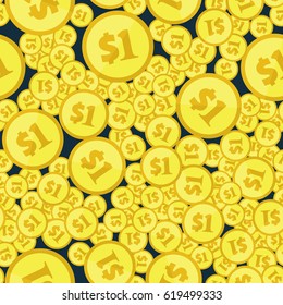 Lot of one dollar golden coins seamless pattern. Financial or gambling background. Wrapping texture with USA money icons randomly placed on black. Flat style vector eps8 illustration.