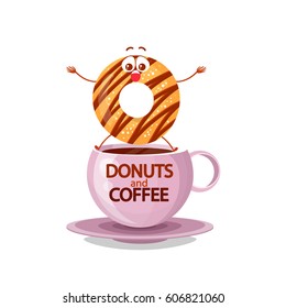 One donuts with the cup of coffee. Isolated on white background. Cartoon style. 