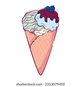 One doodle pastel mint blueberry ice cream in waffle cone isolated on white background.