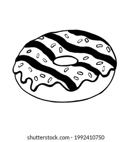 One doughnut in icing and chocolate on a white background.Vector confectionery can be used in menus, packages,and postcards.Doodle illustration.