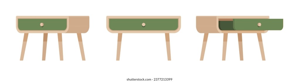 Un cajón de madera acentúa la mesa de madera natural elegante conjunto. Mesa de noche de fin de cama, armario para el dormitorio. Hogar de dibujos animados de estilo plana vectorial, objetos de mobiliario de oficina aislados en fondo blanco