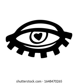 One drawn black eye with a pupil-heart on a white background.