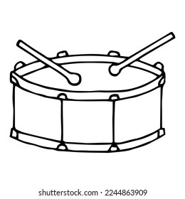 One drum and two drumsticks in doodle style. Freehand drawing. Doodle. Hand Drawn. Outline.	