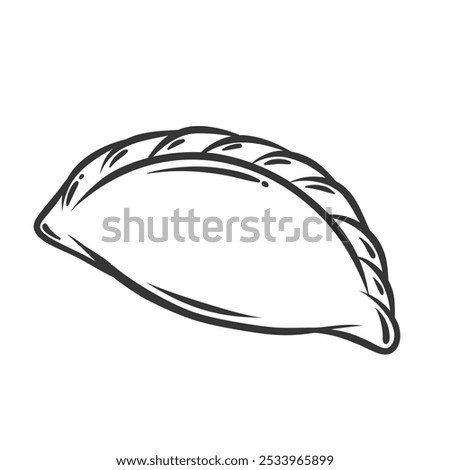 One dumpling, empanada line icon. Outline hand drawn boiled dumpling with different filling wrapped in dough, baked or fried pastry. Fast food mascot, simple savory snack icon vector illustration