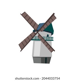 One Dutch windmill in realistic style vector illustration isolated on white background. Traditional farm building, rural grain mill in retro style for agriculture in Holland. Netherlands symbol